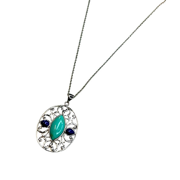 R. H. Macy Silver, Turquoise & Lapis Filigree Necklace, NWT! - Picture 2 of 6